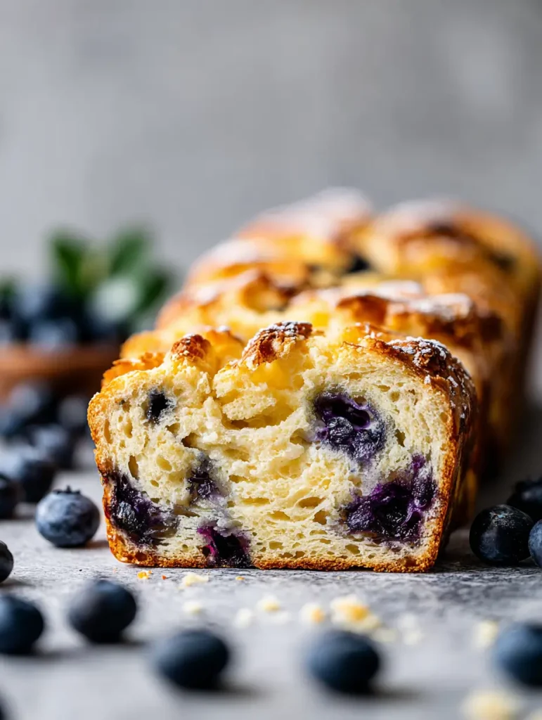Close-up of sliced lemon blueberry sourdough bread with a golden, glossy crust and soft interior dotted with fresh blueberries.