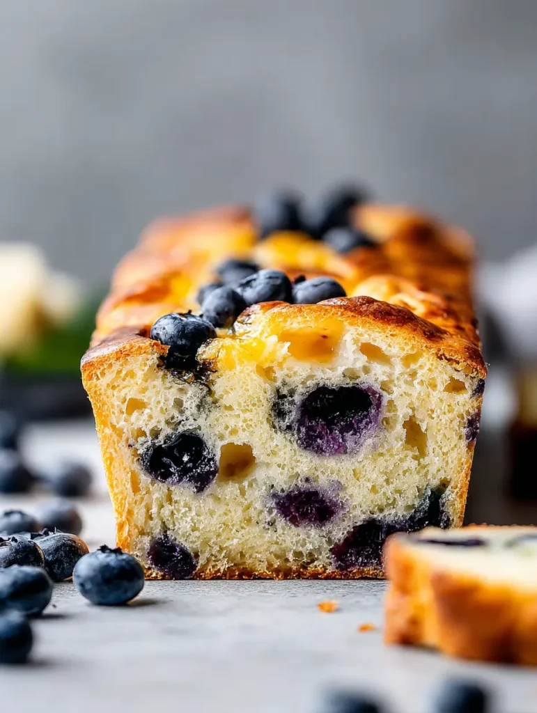 Front view of a lemon blueberry sourdough bread loaf with fresh blueberries baked into the soft crumb and scattered on top.