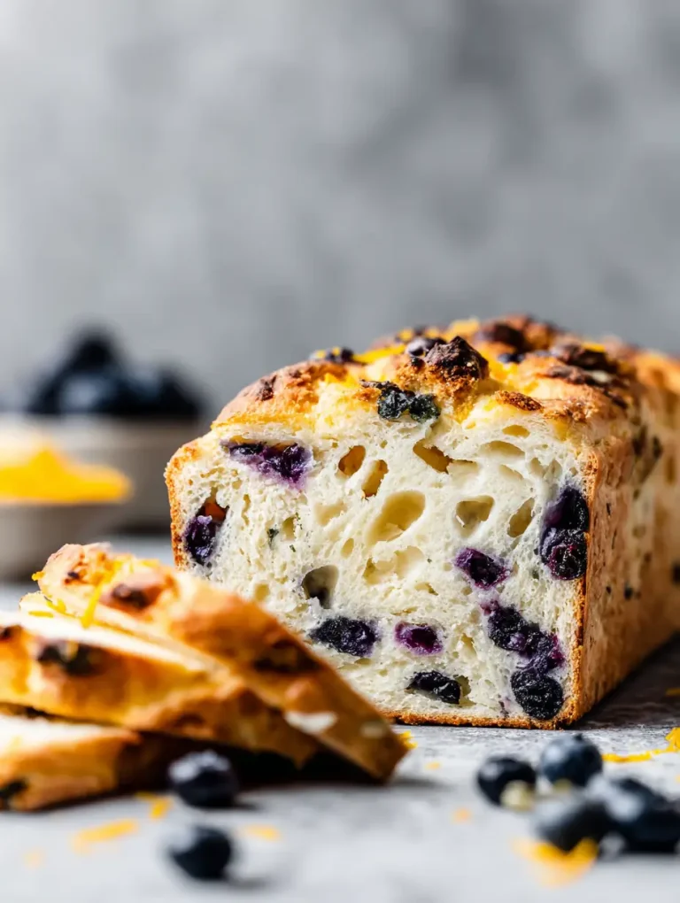 Sliced loaf of lemon blueberry sourdough bread with a golden crust and airy crumb, studded with fresh blueberries.