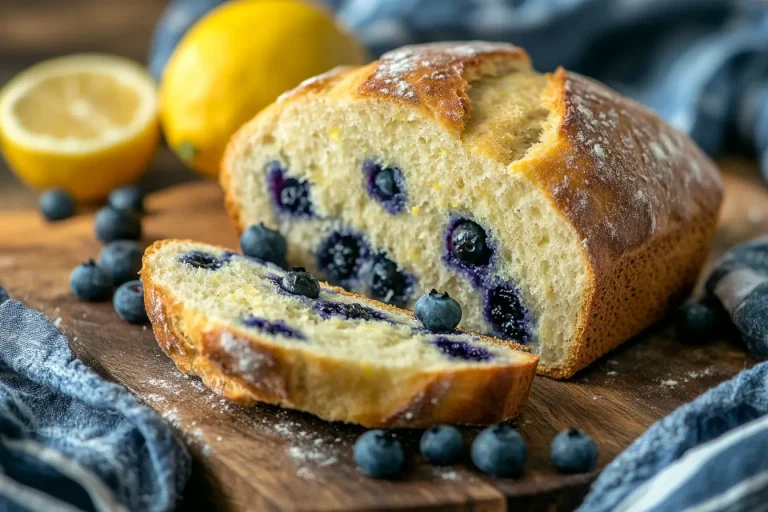 Freshly baked lemon blueberry sourdough bread with a golden crust, sliced to reveal juicy blueberries and a soft, airy interior.