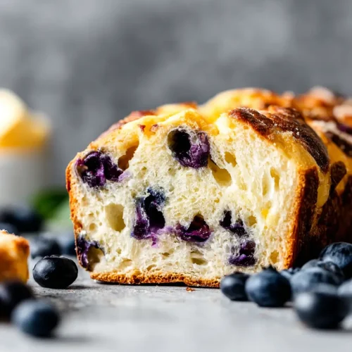 Close-up of a sliced lemon blueberry sourdough bread loaf with visible blueberries and a golden crust, set on a gray surface with scattered fresh blueberries.