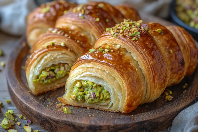 A golden-brown pistachio croissant with flaky layers, filled with rich pistachio cream and topped with crushed pistachios, served on a rustic wooden plate.