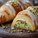 Buttery pistachio croissants drizzled with white icing and topped with crushed pistachios on a rustic wooden board.