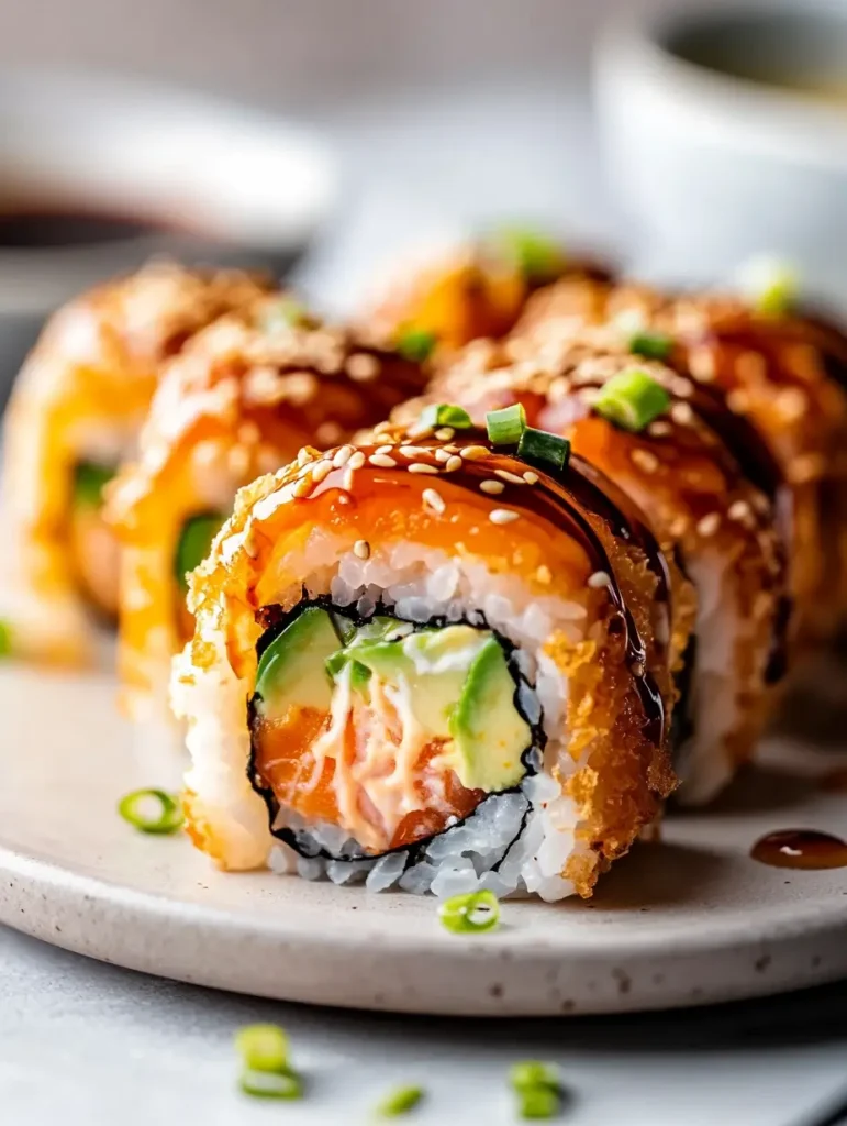 Close-up of a salmon tempura sushi roll with avocado, spicy mayo, sesame seeds, and eel sauce.