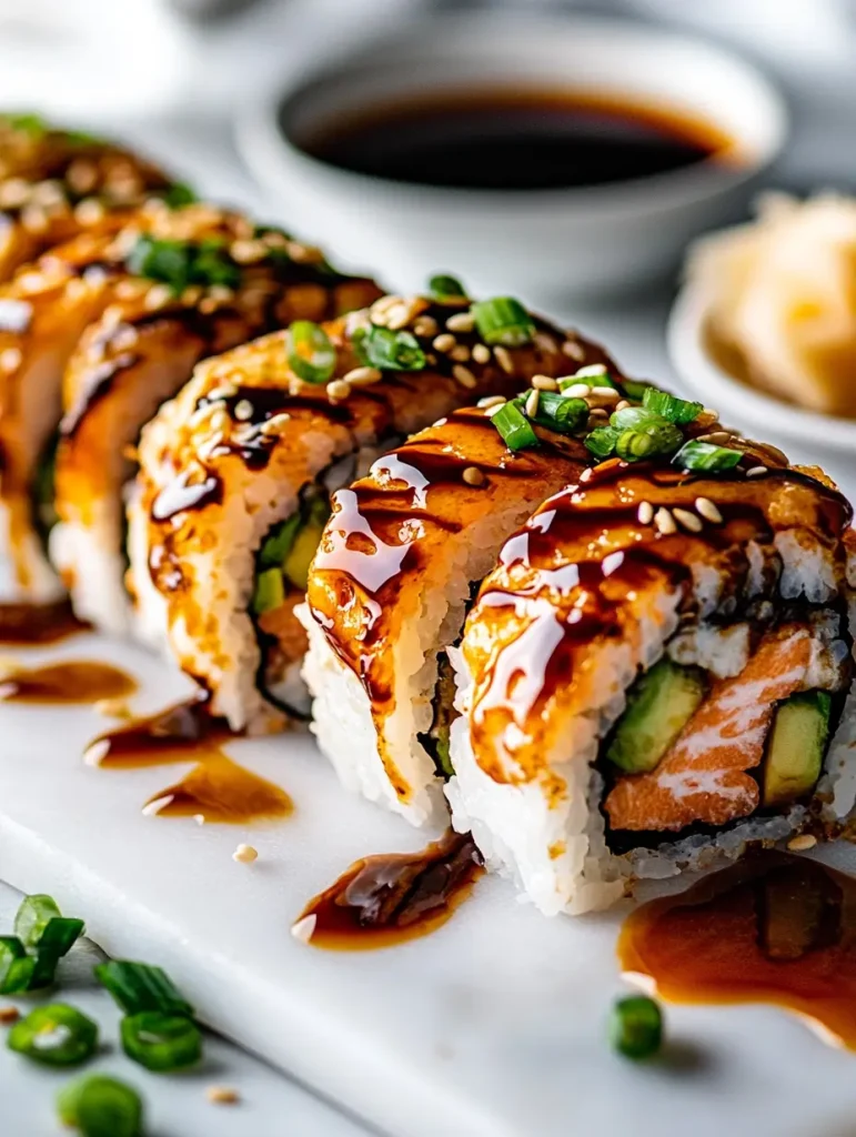 Salmon tempura sushi roll topped with green onions, sesame seeds, and a glossy eel sauce drizzle.