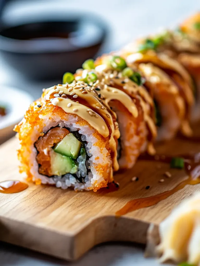 Close-up of salmon tempura sushi roll topped with spicy mayo, eel sauce, sesame seeds, and green onions.