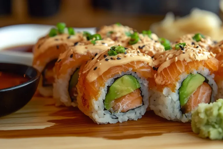 Close-up of salmon tempura roll sushi topped with spicy mayo, black sesame seeds, and green onions, served with wasabi and soy sauce on a wooden platter.