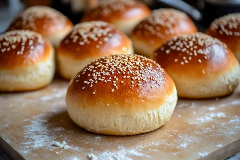 Freshly baked sourdough discard hamburger buns with a golden brown crust and sesame seed topping on a wooden surface.