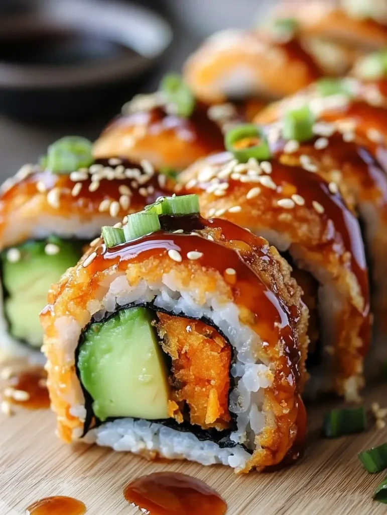 Close-up of a sweet potato tempura sushi roll filled with avocado and drizzled with teriyaki sauce, garnished with sesame seeds and green onions.