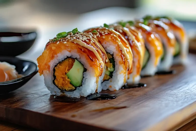 A close-up of sweet potato tempura roll sushi, topped with drizzled spicy mayo, eel sauce, and sesame seeds, served on a wooden sushi board.