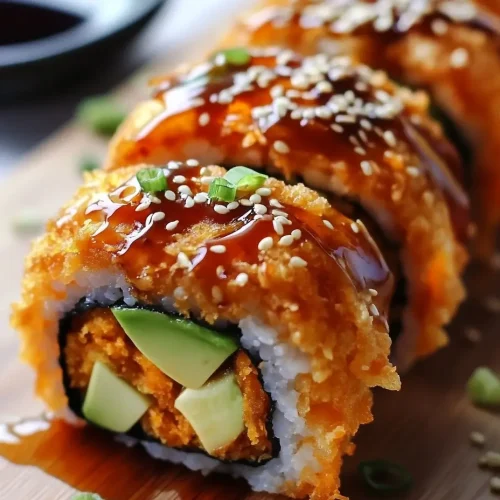 Sweet potato tempura sushi roll topped with sesame seeds, scallions, and teriyaki glaze on a wooden board.