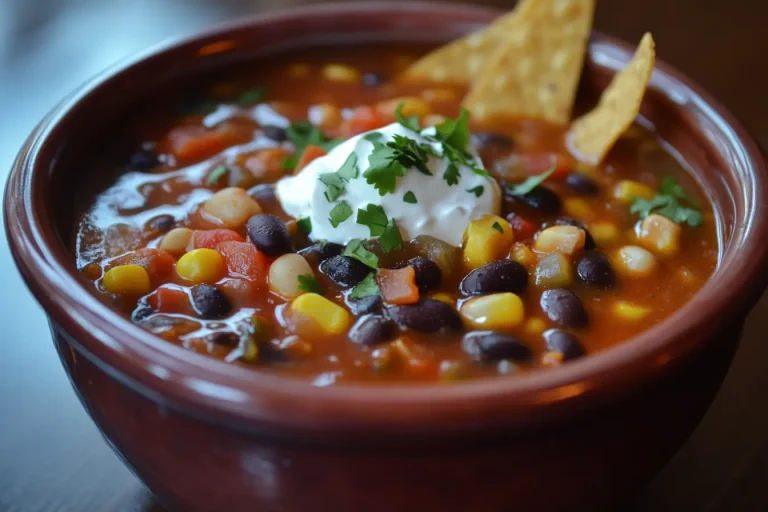 A bowl of hearty vegan taco soup topped with sour cream, fresh cilantro, and tortilla chips.