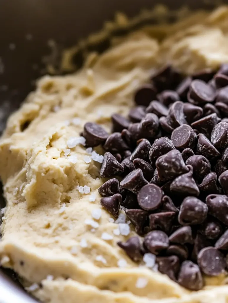 Close-up of chocolate chips and sea salt sprinkled over sourdough bread dough before mixing.