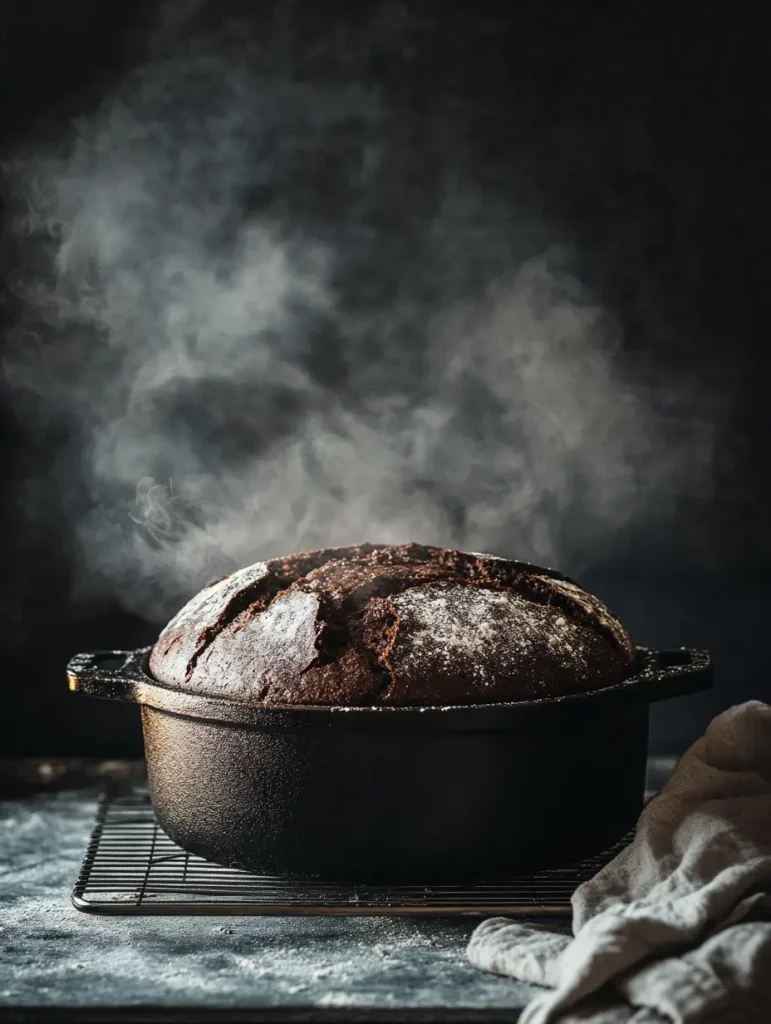 Freshly baked double chocolate chip sourdough bread steaming in a cast iron Dutch oven.