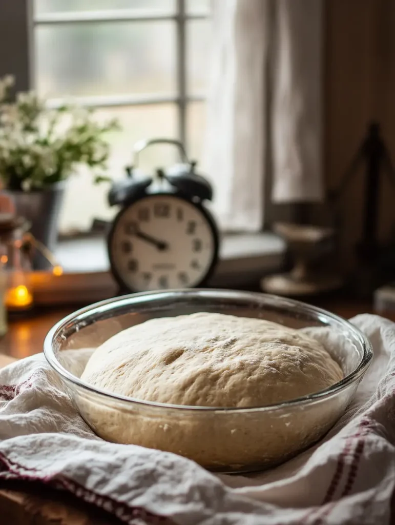 Sourdough bread dough rising in a glass bowl during bulk fermentation by a window.