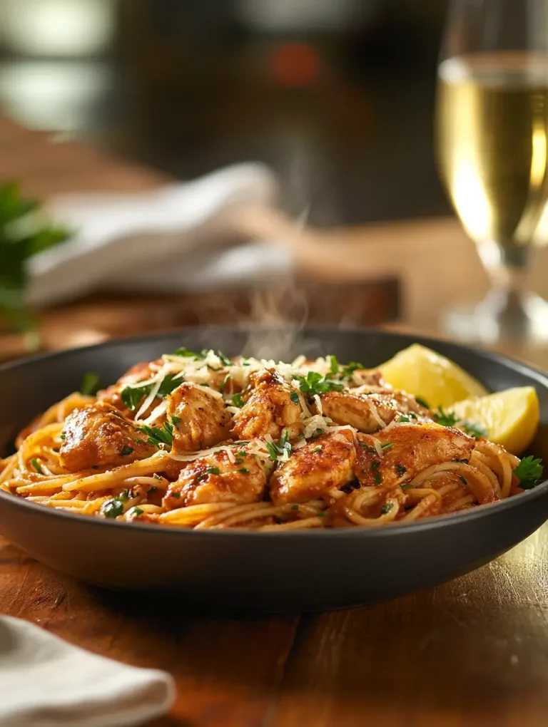 Cowboy butter chicken linguine served in a black bowl with lemon wedges and garnished with parsley and parmesan.