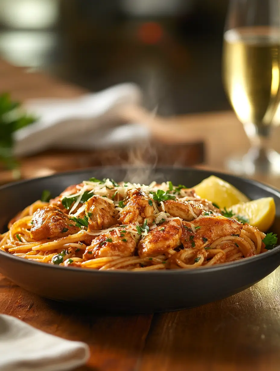 Cowboy butter chicken linguine served in a black bowl with lemon wedges and garnished with parsley and parmesan.