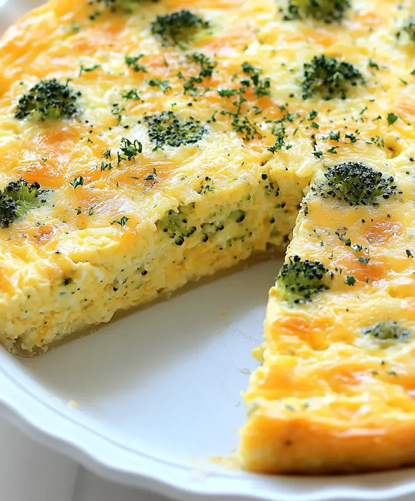 Crustless broccoli cheddar quiche with golden baked top and broccoli florets, served in a white pie dish with a slice removed.