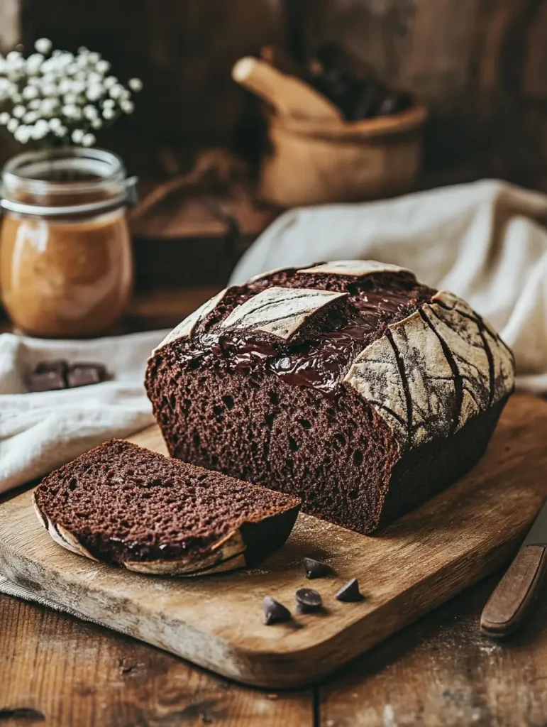Sliced double chocolate chip sourdough bread on a rustic wooden board with melted chocolate inside.