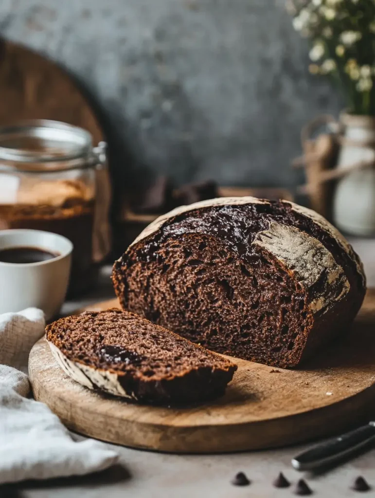 Freshly sliced double chocolate chip sourdough bread on a wooden cutting board, with coffee and chocolate chips in the background.