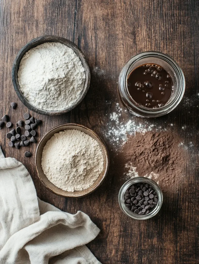 Ingredients for double chocolate chip sourdough bread including flour, cocoa powder, chocolate chips, and sourdough starter on a wooden surface.