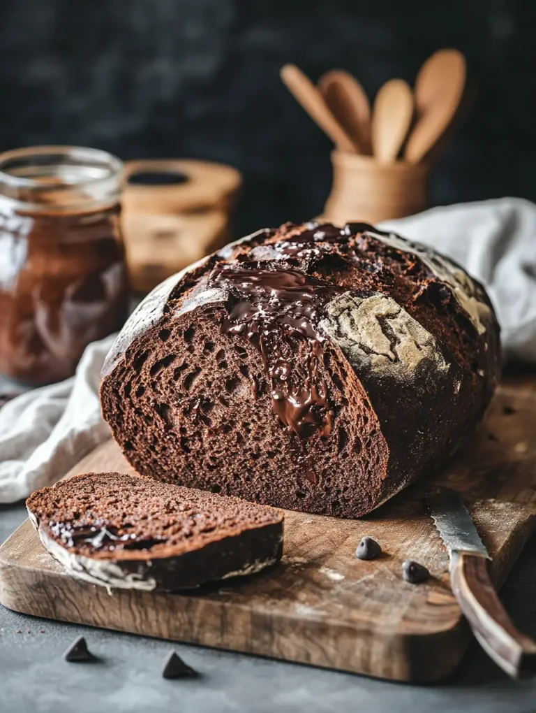 Freshly baked double chocolate chip sourdough bread with a melted chocolate center on a wooden board.
