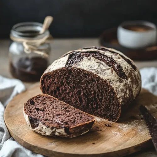Sliced double chocolate chip sourdough bread on a wooden board with chocolate spread in the background.