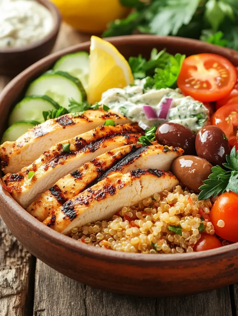 Grilled Mediterranean chicken bowl with quinoa, tzatziki, cucumbers, olives, cherry tomatoes, and lemon wedge.