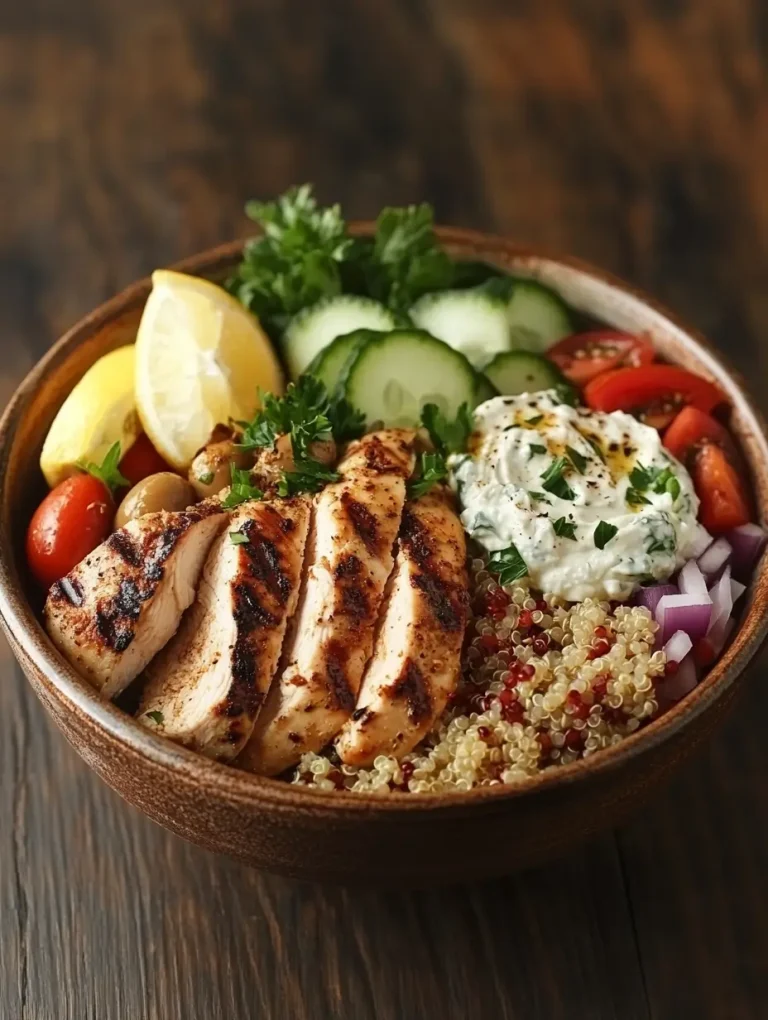 Mediterranean chicken bowl with grilled chicken, quinoa, tzatziki, cucumbers, tomatoes, red onions, and lemon wedges.