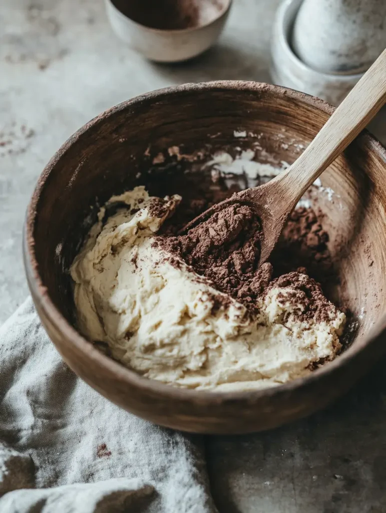 Cocoa powder being mixed into sourdough bread dough in a rustic wooden bowl with a wooden spoon.