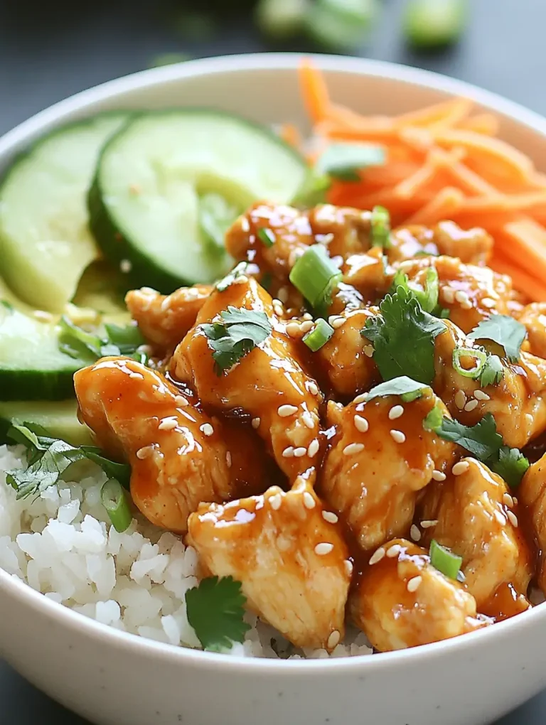 Spicy Sriracha chicken bowl served over steamed white rice, topped with sesame seeds, fresh cilantro, sliced cucumbers, and shredded carrots.
