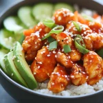 Spicy Sriracha chicken bowl served over white rice, topped with sesame seeds, sliced green onions, avocado slices, and cucumber slices.