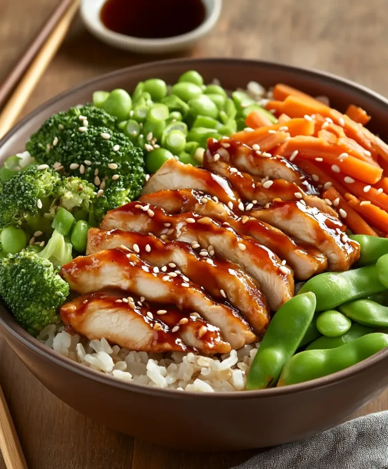 Teriyaki chicken rice bowl with sliced chicken, broccoli, carrots, snap peas, and edamame over rice, drizzled with teriyaki sauce and sprinkled with sesame seeds.