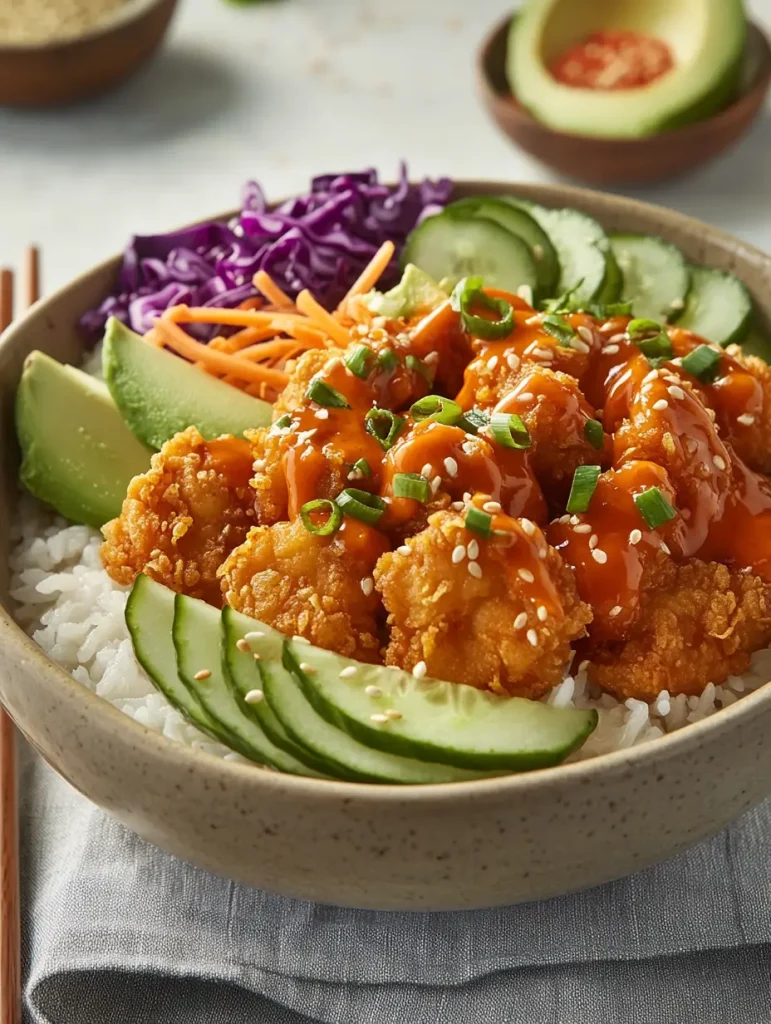 Bang Bang Chicken Bowl served over rice with crispy chicken, cucumbers, avocado, red cabbage, and carrots.