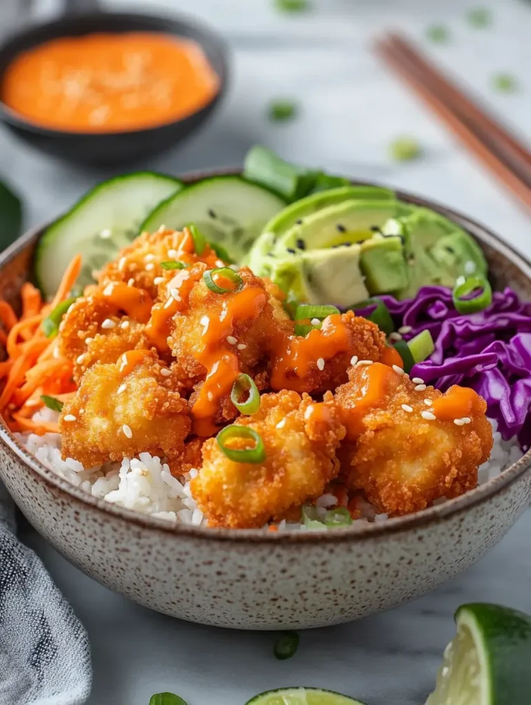 Bang Bang Chicken Bowl with crispy chicken, rice, avocado, cucumber, carrots, and red cabbage.