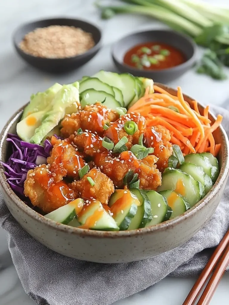 Bang Bang Chicken Bowl with crispy chicken, cucumbers, carrots, red cabbage, and sauce in a ceramic bowl.