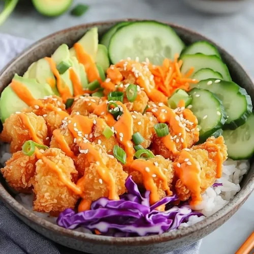 Bang Bang Chicken Bowl with crispy chicken, avocado, cucumber, shredded carrots, purple cabbage, and rice.