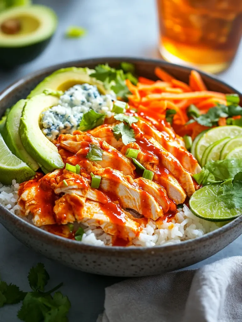 Spicy buffalo chicken rice bowl with avocado, lime slices, shredded carrots, blue cheese crumbles, and fresh cilantro.