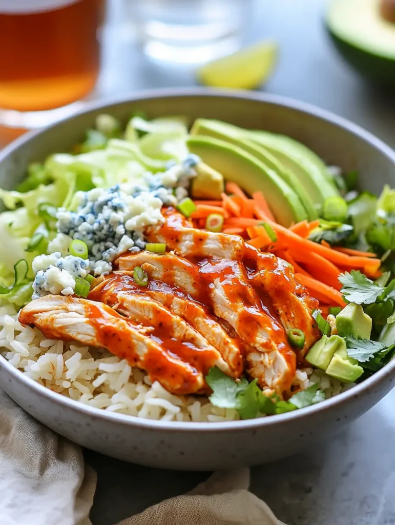 Buffalo chicken rice bowl topped with blue cheese, avocado, shredded carrots, lettuce, and cilantro.