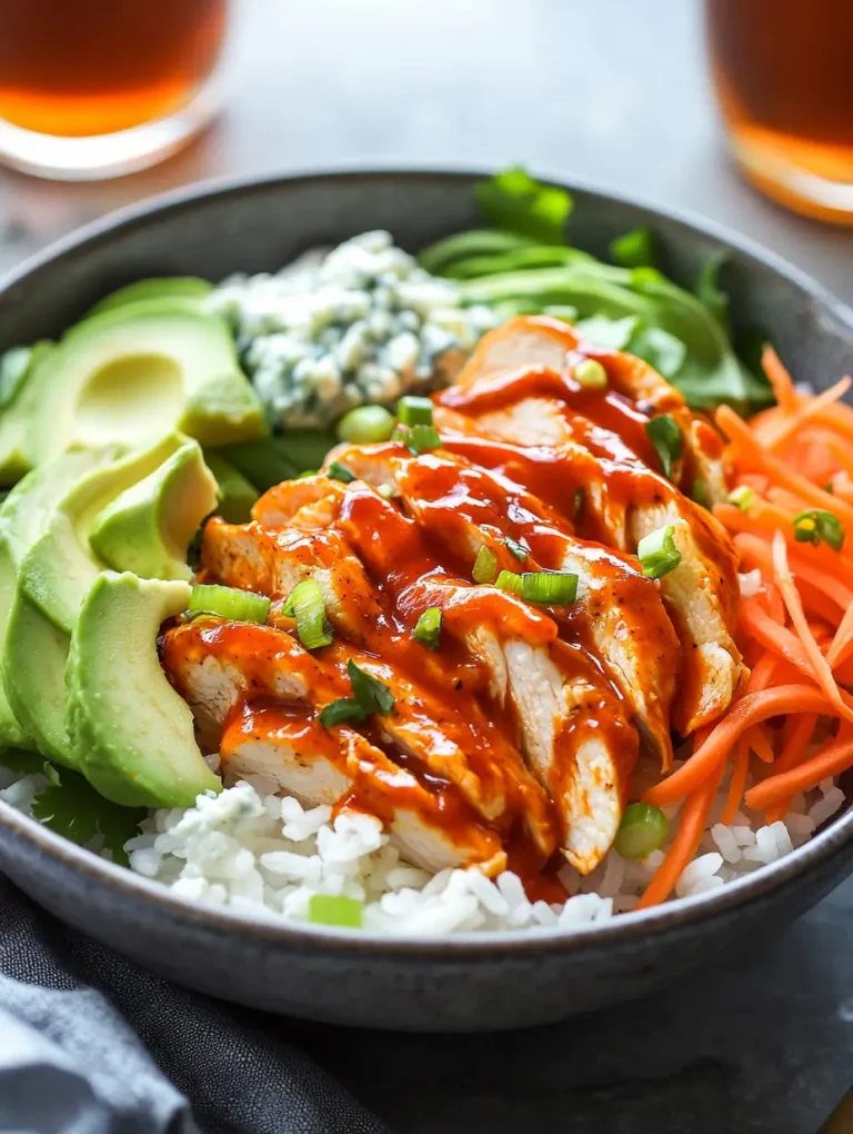 Buffalo chicken rice bowl topped with sliced avocado, shredded carrots, green onions, and blue cheese crumbles.
