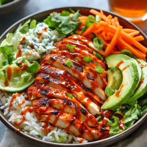 Buffalo chicken rice bowl with avocado, blue cheese, carrots, and lime over white rice.