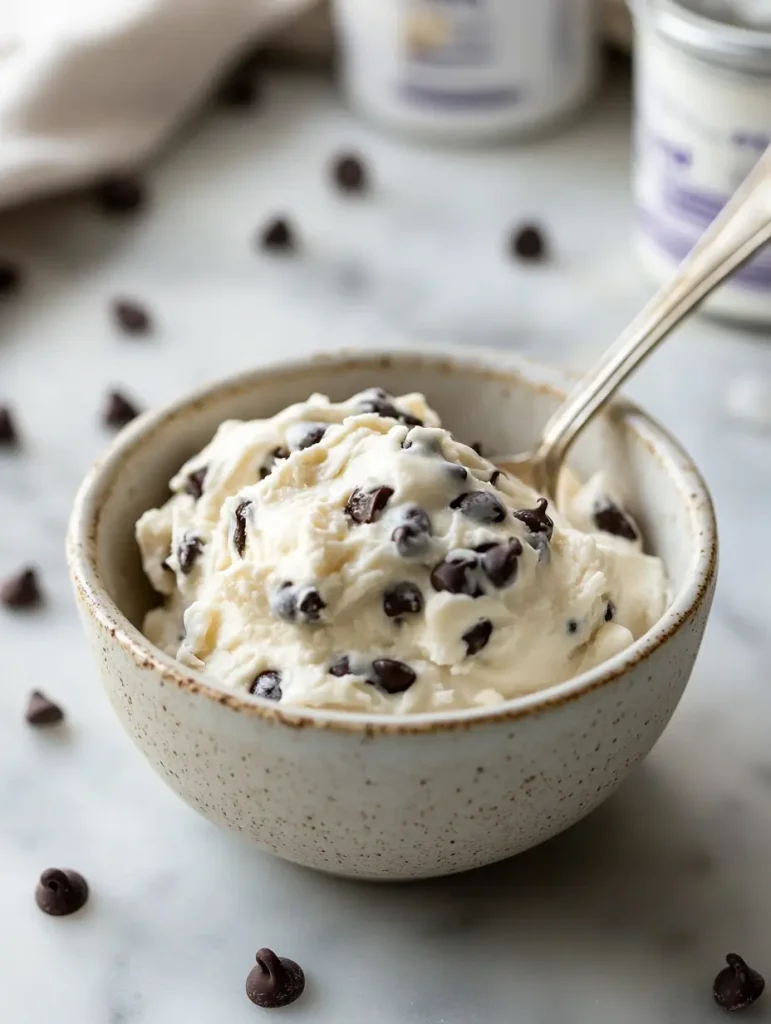 Greek yogurt cookie dough with chocolate chips in a ceramic bowl and a spoon.