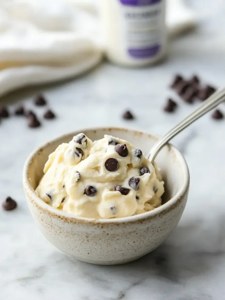 Bowl of Greek yogurt cookie dough with chocolate chips and a spoon on a marble surface.