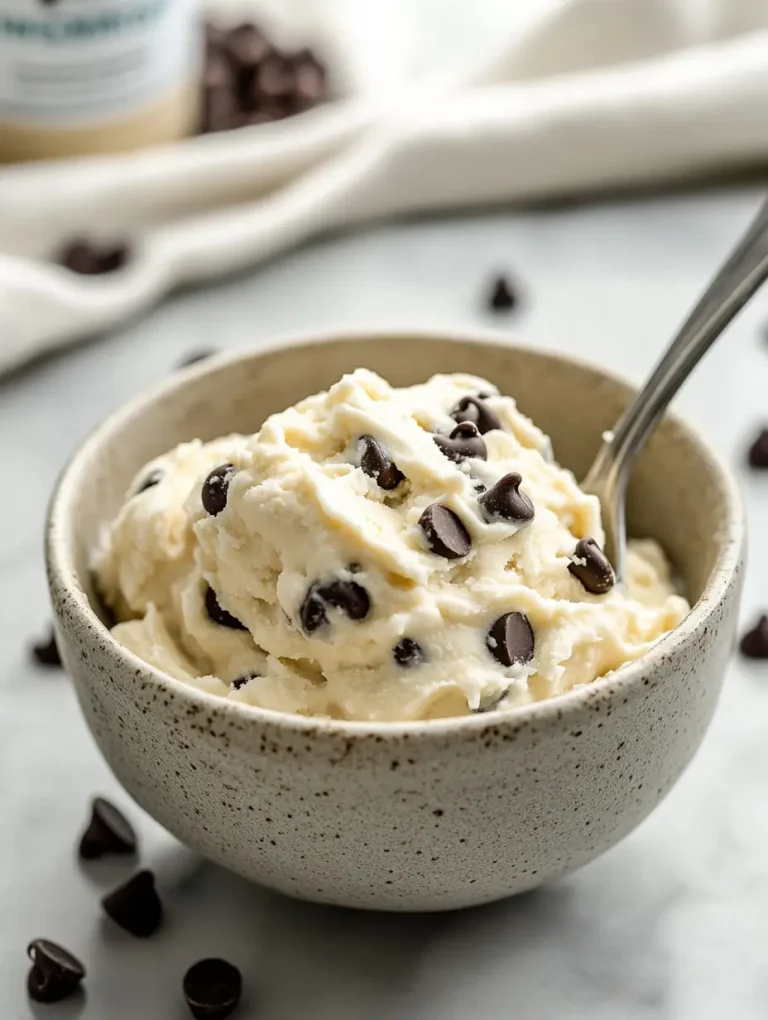 Bowl of Greek yogurt cookie dough with chocolate chips and a spoon.