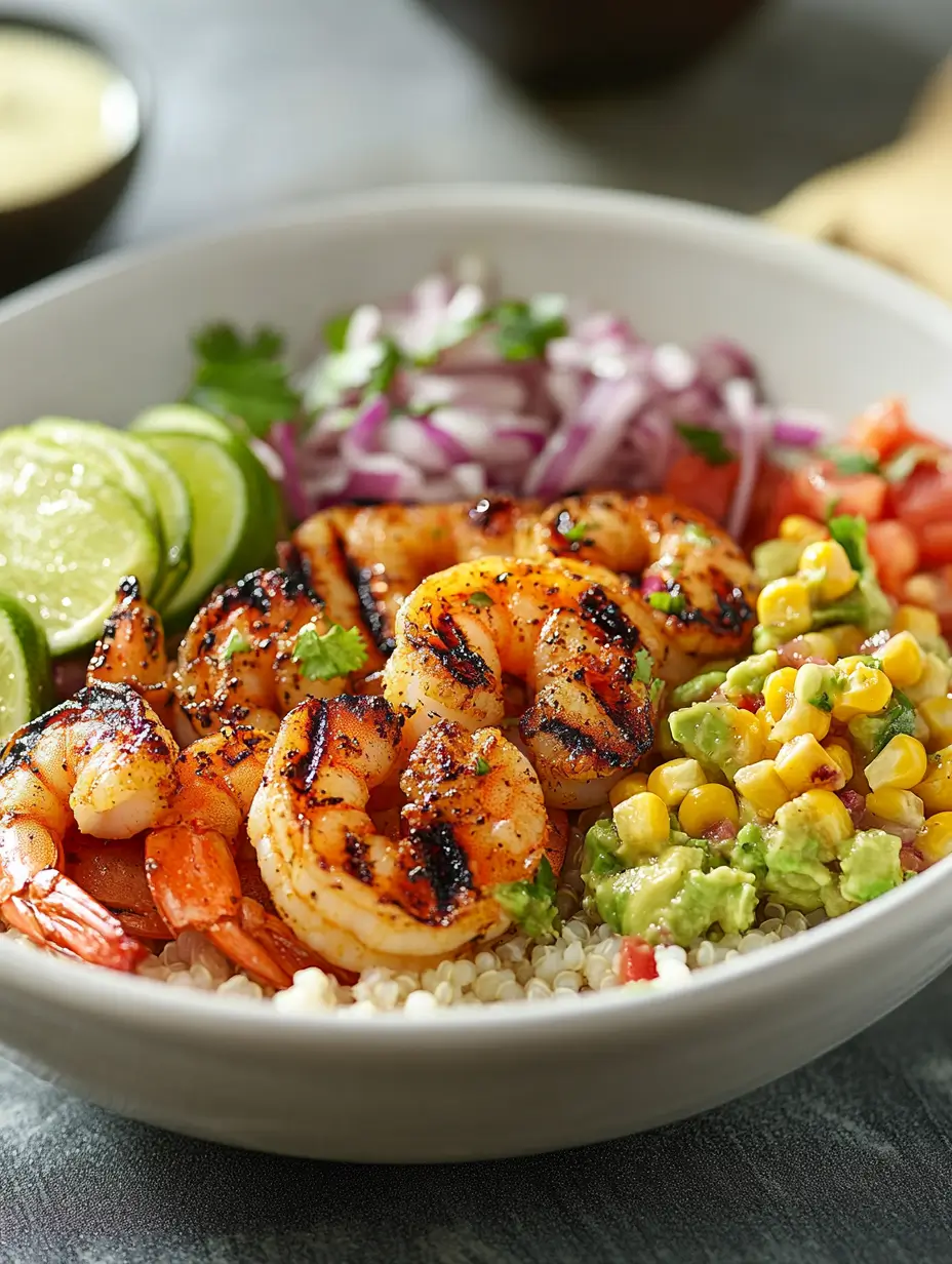 Grilled shrimp bowl with avocado corn salsa, quinoa, red onion, and lime slices.