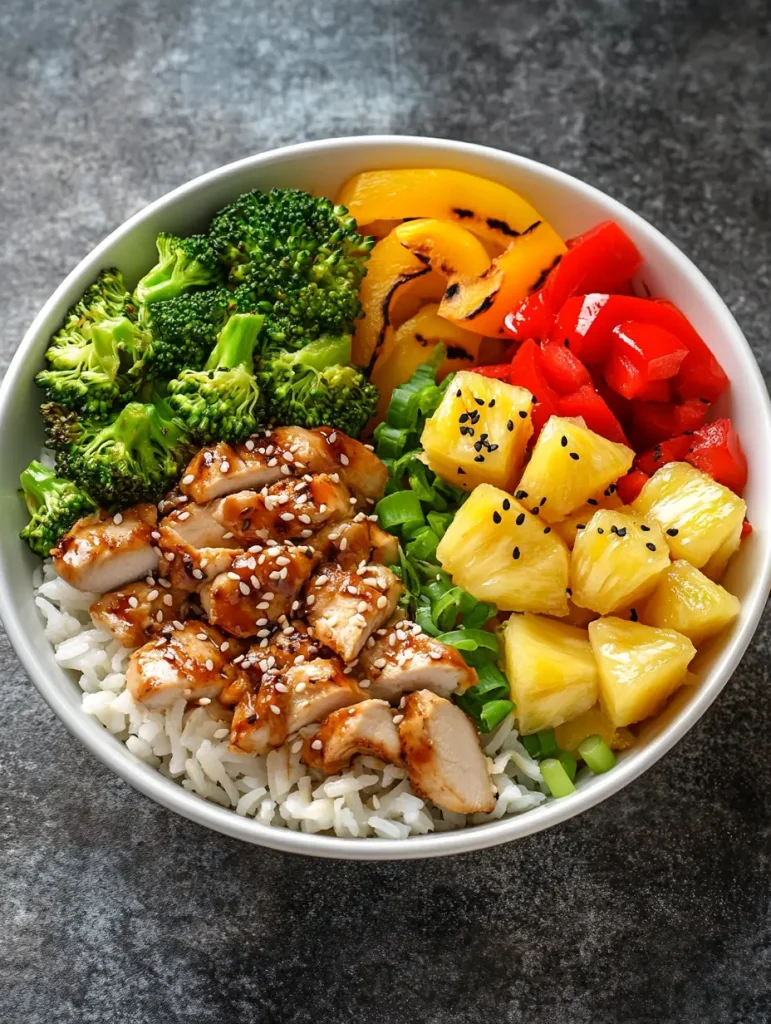 Colorful pineapple chicken and rice bowl with vegetables, grilled chicken, and sesame seeds.