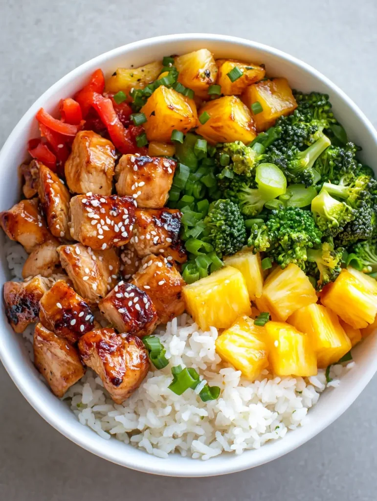 Pineapple chicken and rice bowl with grilled chicken, pineapple chunks, broccoli, red bell pepper, and green onions.
