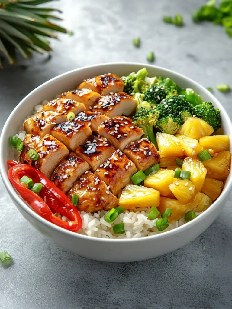 Pineapple chicken and rice bowl with grilled chicken, pineapple chunks, broccoli, and red chili slices.