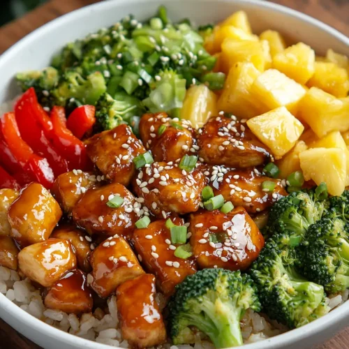 Pineapple chicken and rice bowl with teriyaki chicken, broccoli, red bell pepper, and fresh pineapple chunks.