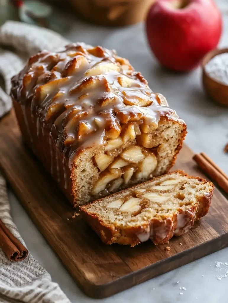 Sliced sourdough apple fritter bread with a cinnamon apple filling and glaze on top.
